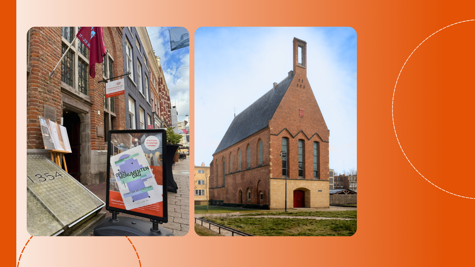 Ingang van het Erfgoedcentrum in het Sint Petersgasthuis in 2025 en de Waalse Kerk in Arnhem in 1950